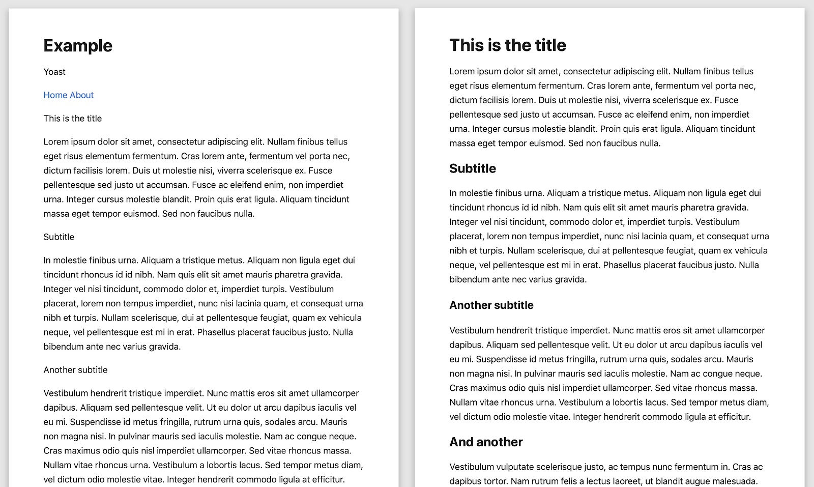 Two examples of reader mode, left without semantic HTML, right with the correct structure